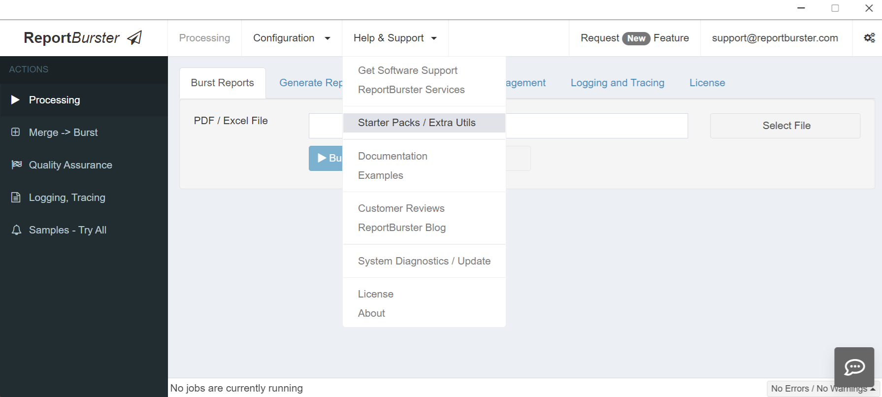 ReportBurster — Help & Support menu: 'Starter Packs / Extra Utils' menu entry
