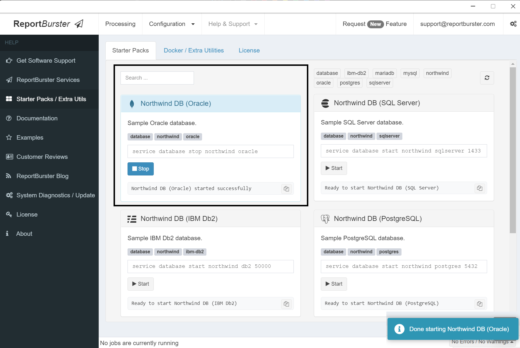 ReportBurster — Oracle Starter Pack: starts the Northwind sample Oracle database