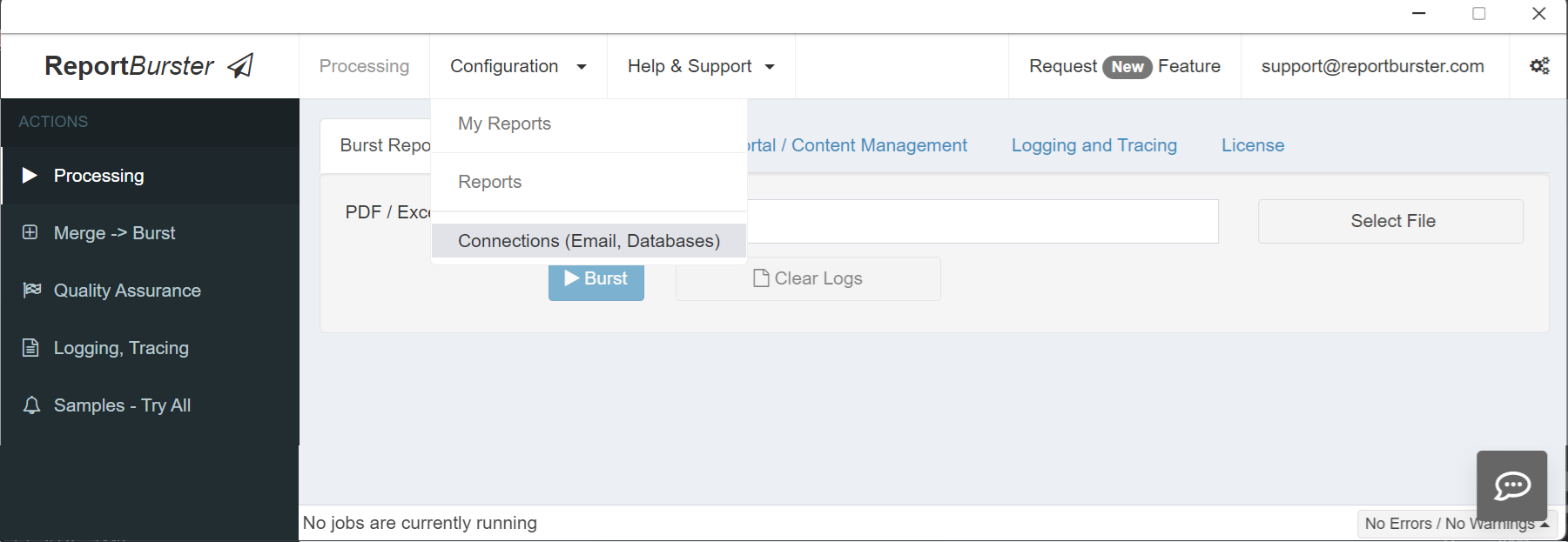 ReportBurster — Configuration menu: 'Connections (Email, Databases)' menu entry