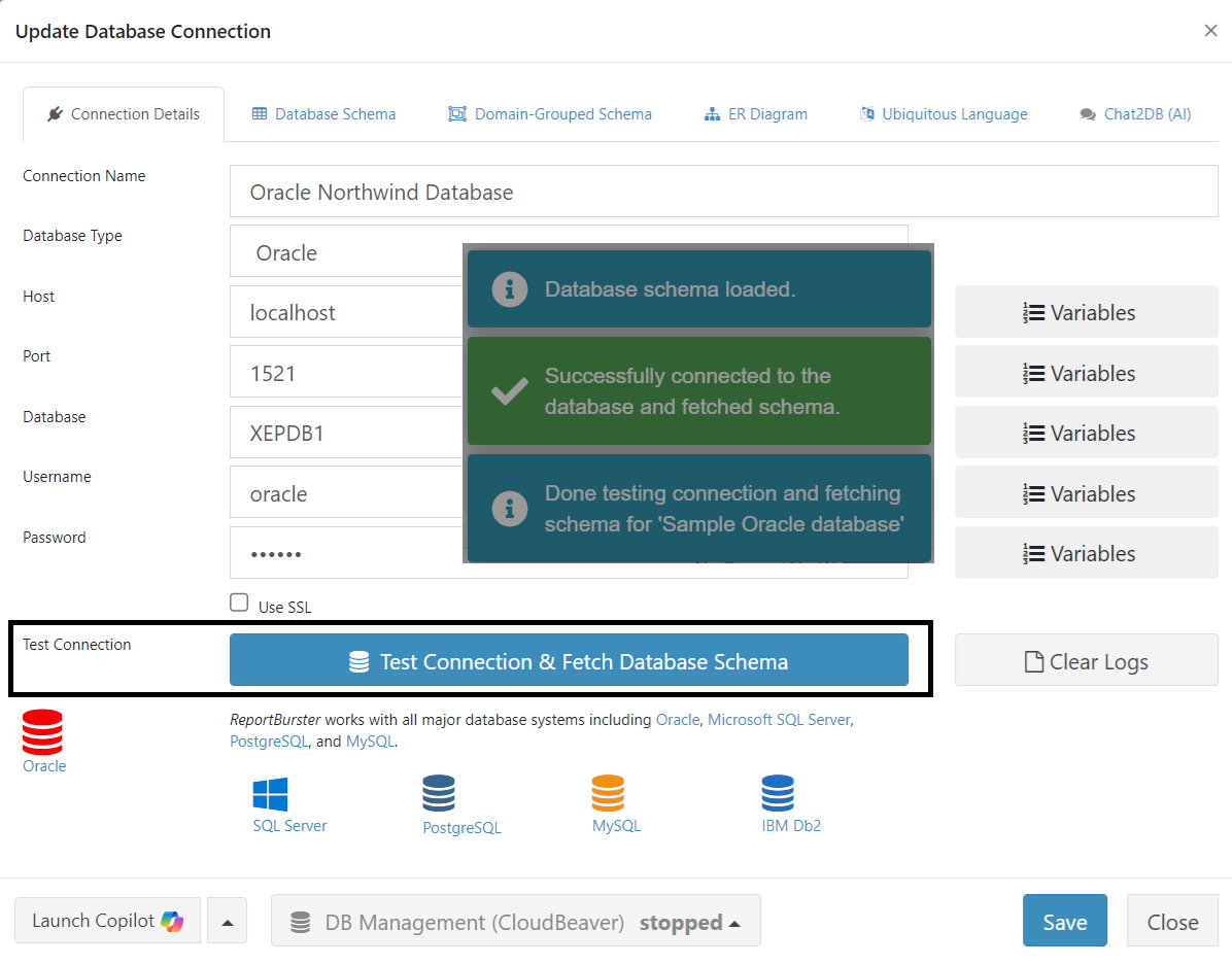 ReportBurster — Oracle: test connection and fetch Northwind database schema