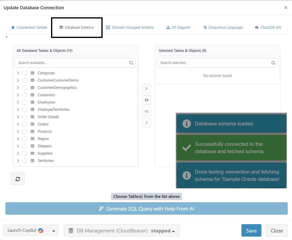 ReportBurster — Oracle: Northwind database schema tab (tables & objects)