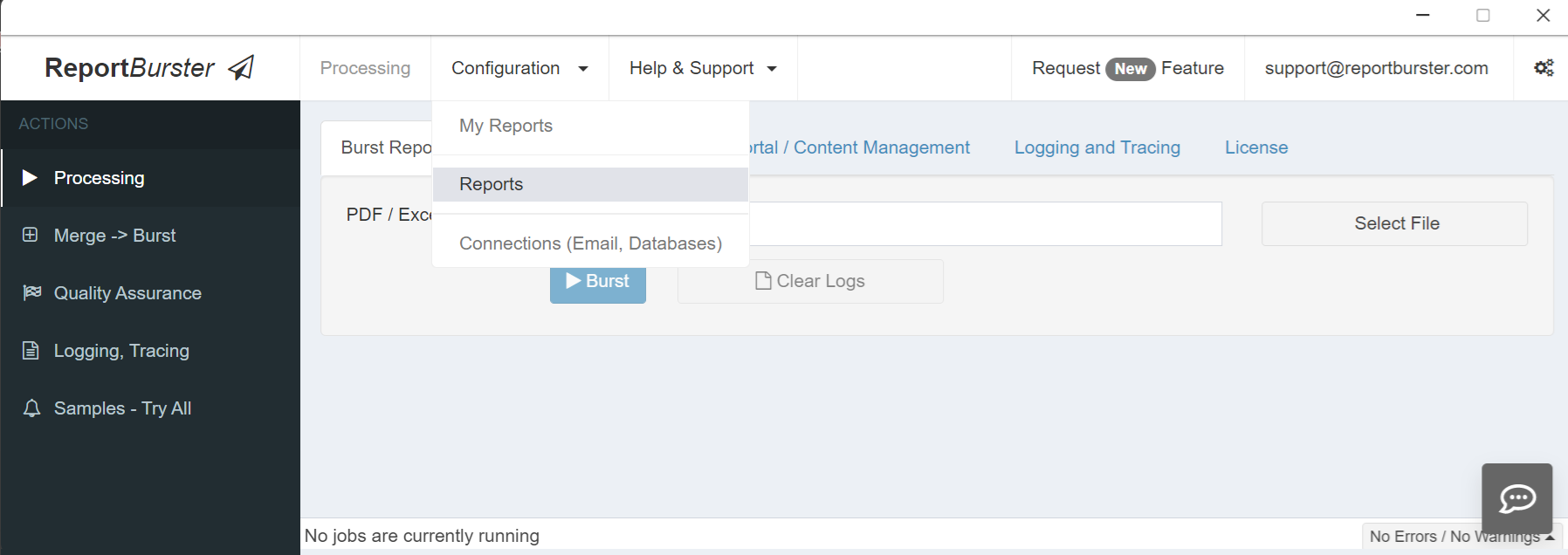 ReportBurster — Configuration menu: 'Reports' menu entry