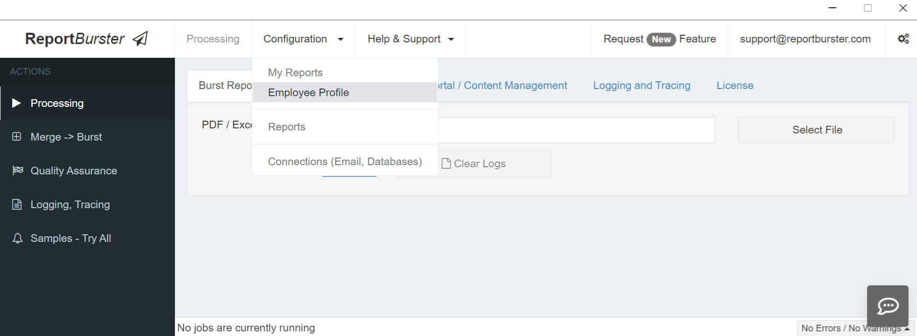 ReportBurster — Configuration menu: 'Employee Profile' report entry