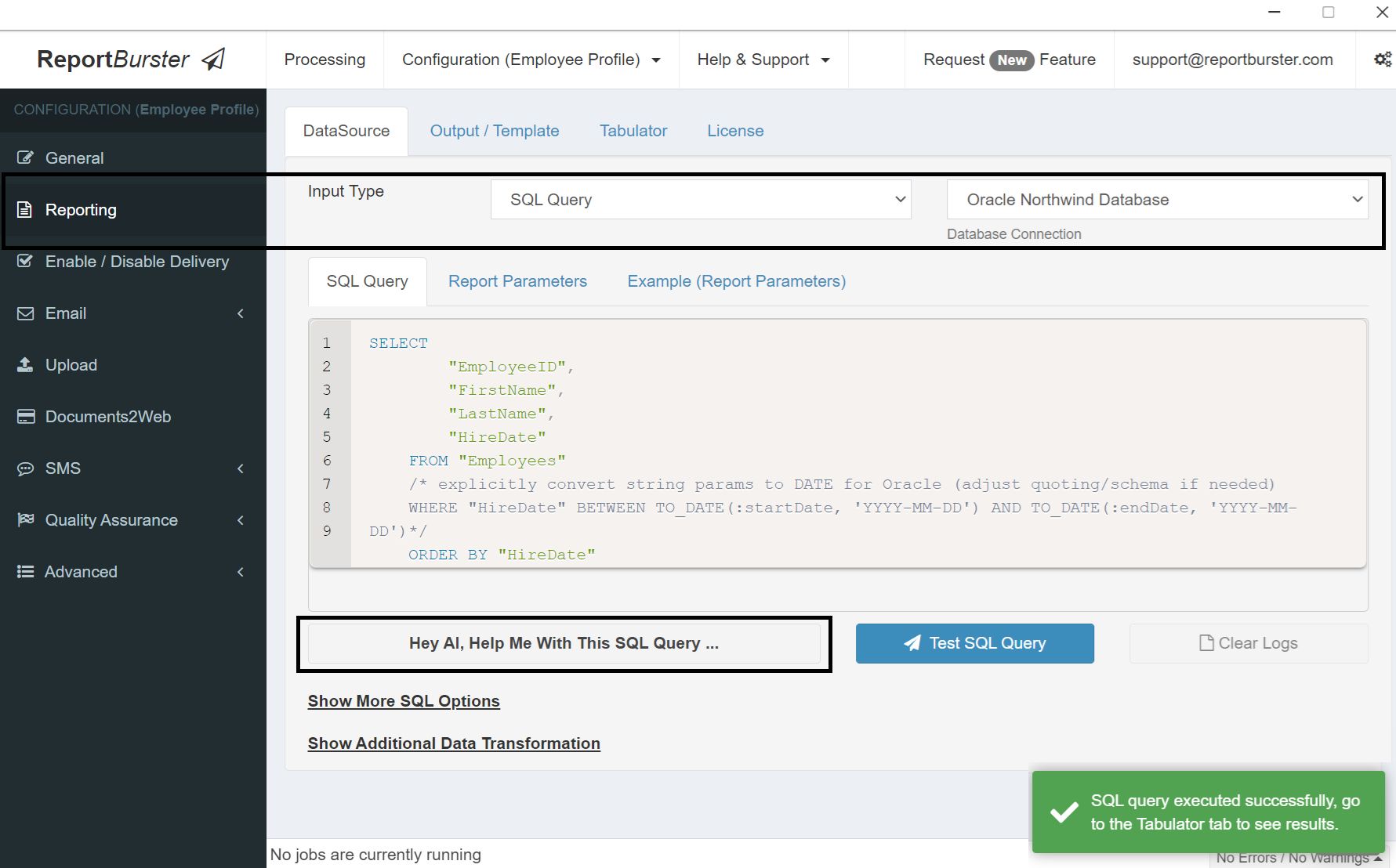 ReportBurster — Configuration > Employee Profile > Reporting: Input Type = SQL Query, Database Connection = Oracle Northwind Database