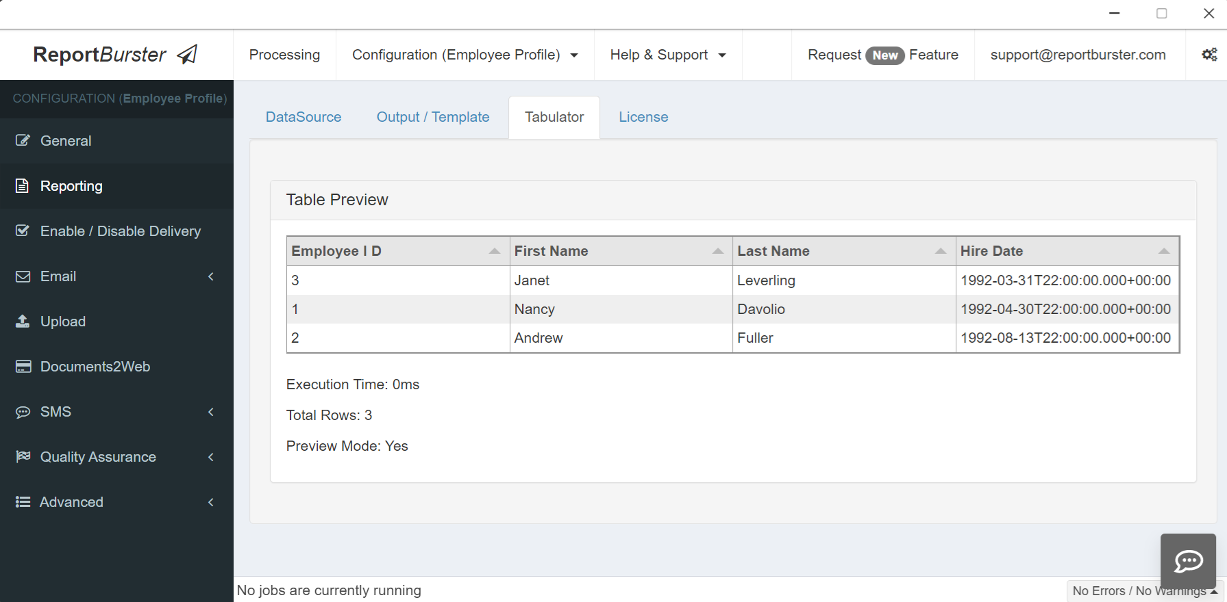 ReportBurster — Employee Profile report: Tabulator preview showing three employees returned by the test SQL query