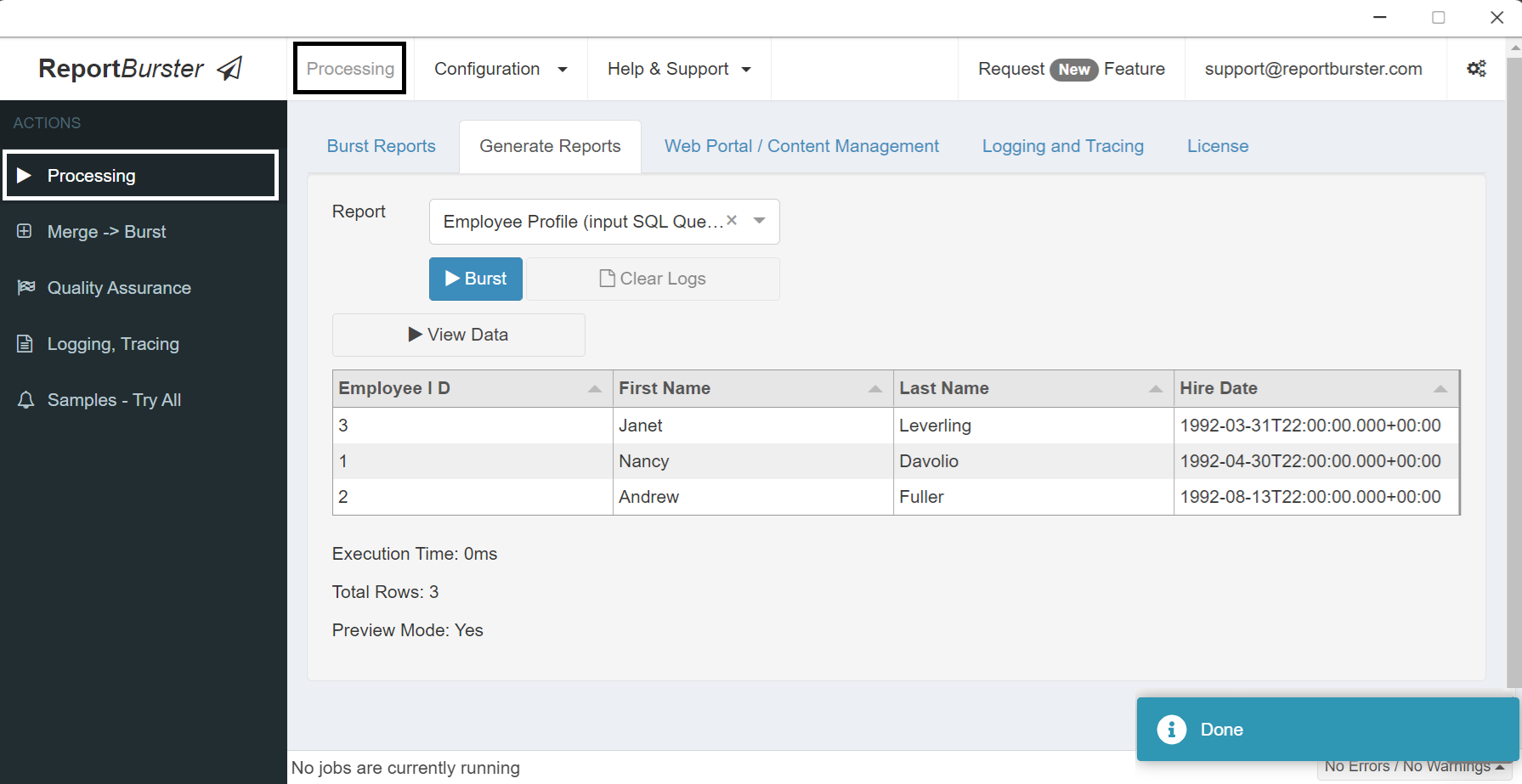 ReportBurster — Processing → Generate Reports: Employee Profile preview showing rows returned by the SQL query