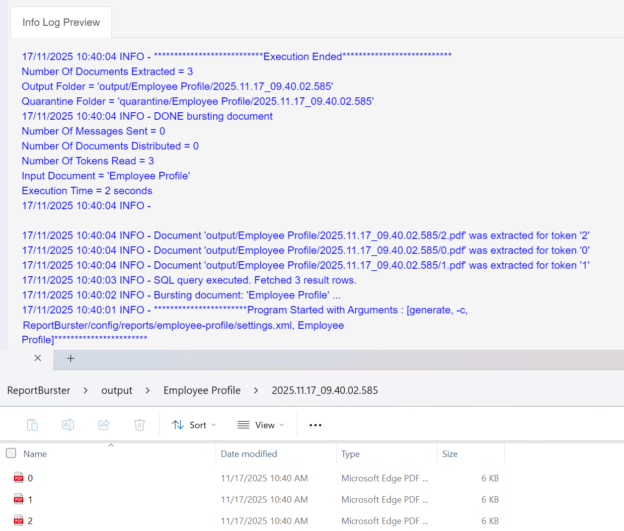ReportBurster — Processing → Generate Reports: Employee Profile — execution logs and generated PDF output files