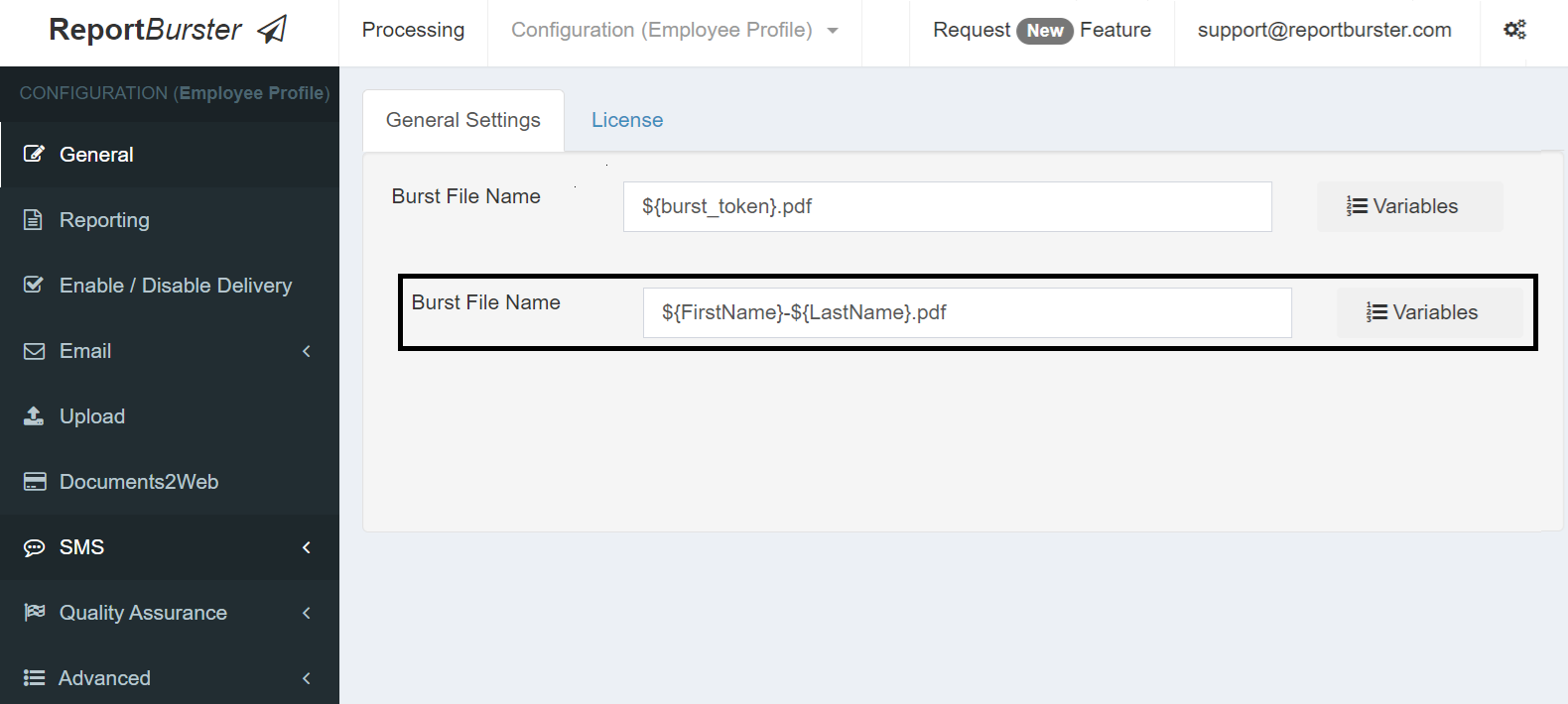 ReportBurster — Configuration > Employee Profile > General: Burst file name set to a custom pattern