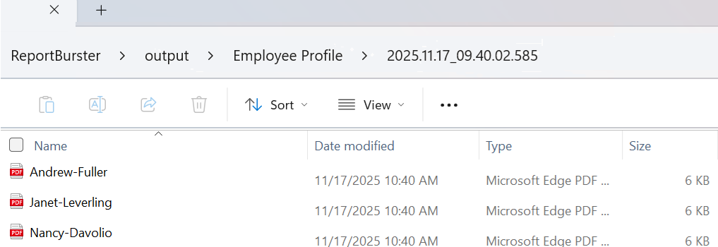 ReportBurster — Processing → Generate Reports: Employee Profile output files using custom burst filenames (e.g. `${FirstName}-${LastName}.pdf`)