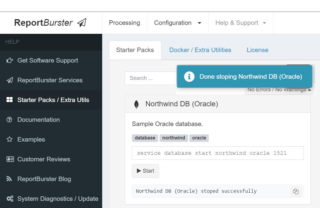 ReportBurster — Oracle Starter Pack: stopped the Northwind sample Oracle database