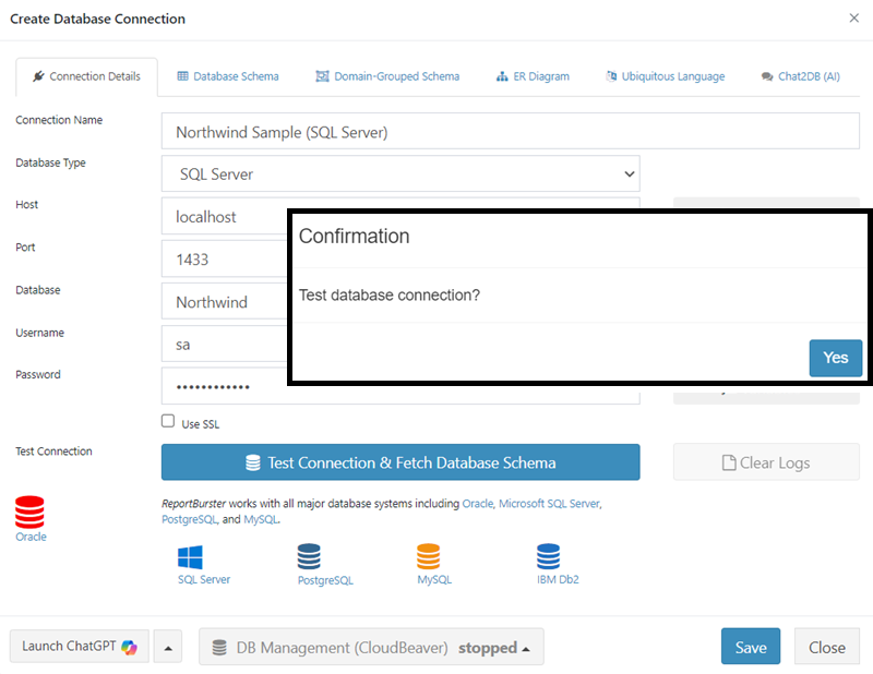 SQL Server Database Connection configuration in ReportBurster