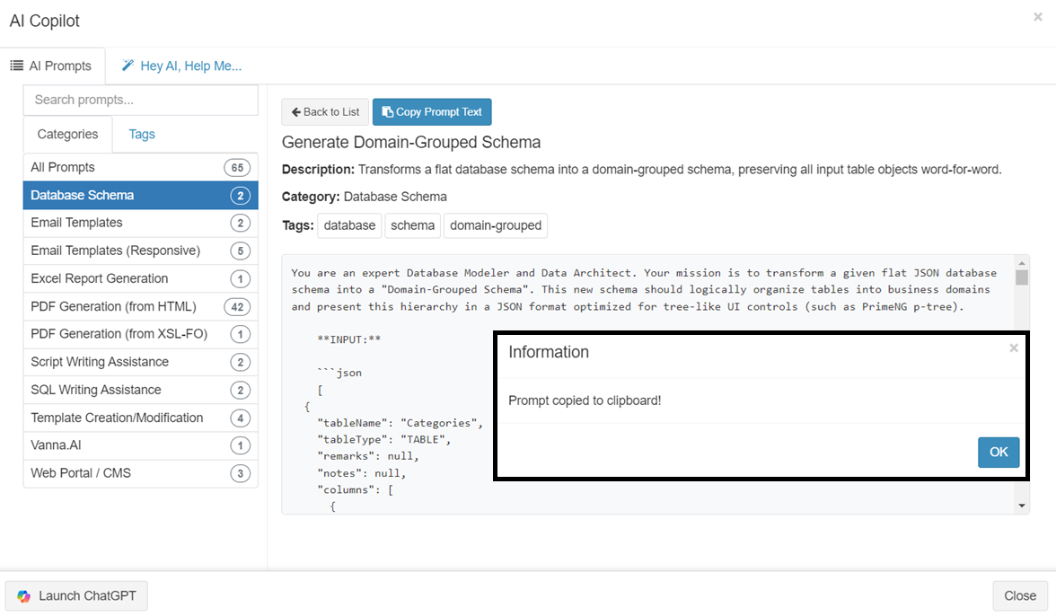 AI prompt for generating Domain-Grouped Schema
