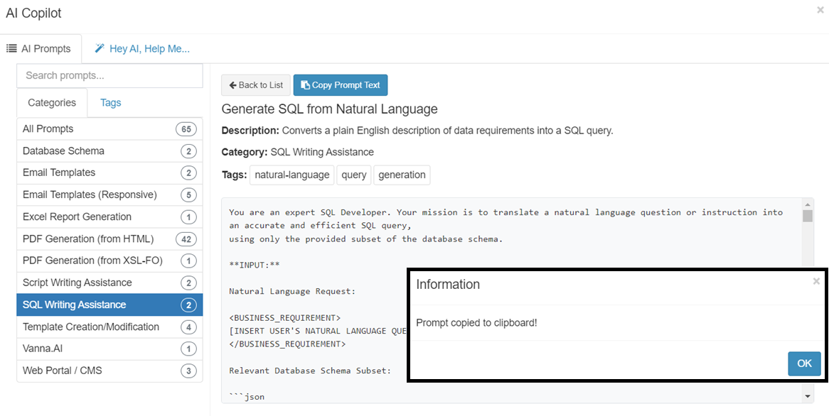 AI prompt interface for SQL query generation