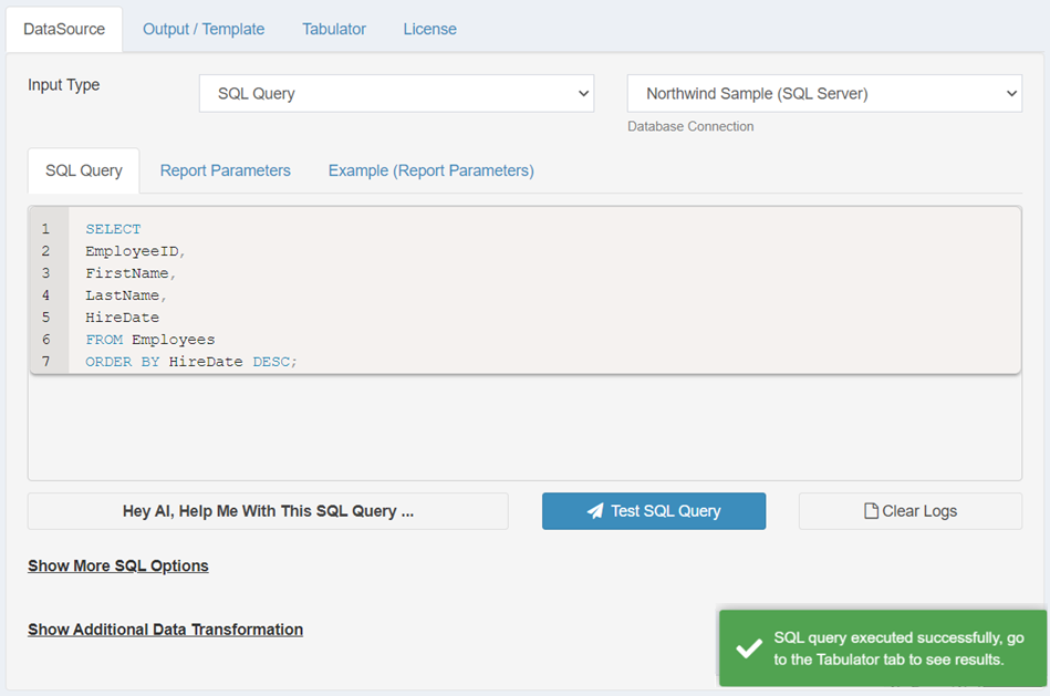 SQL query for Employee Profile report executed successfully