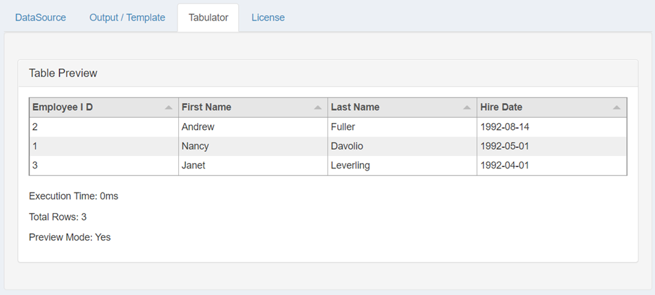 Tabulator showing Employee Profile data preview