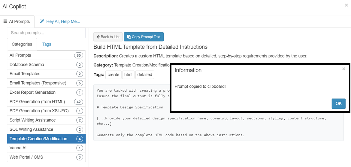 AI prompt interface for HTML template generation