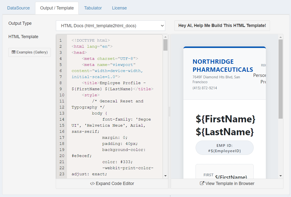 HTML template for Employee Profile report generated by Gemini 3
