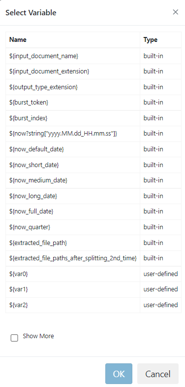 ReportBurster Variables Modal