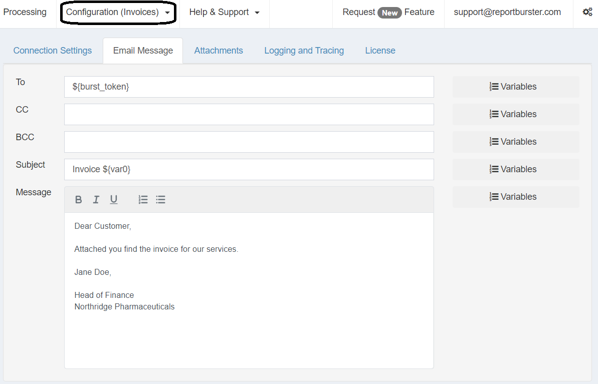 Report Bursting Configuration Templates "Invoices" Email Message