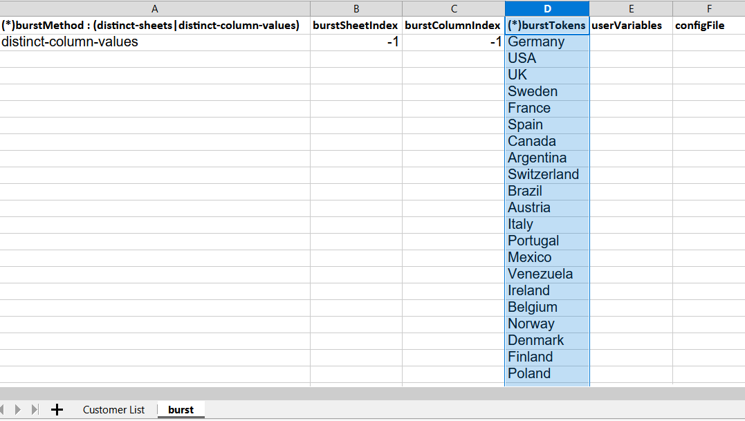 ReportBurster Burst Excel By Distinct Column Values - Burst Metadata Sheet