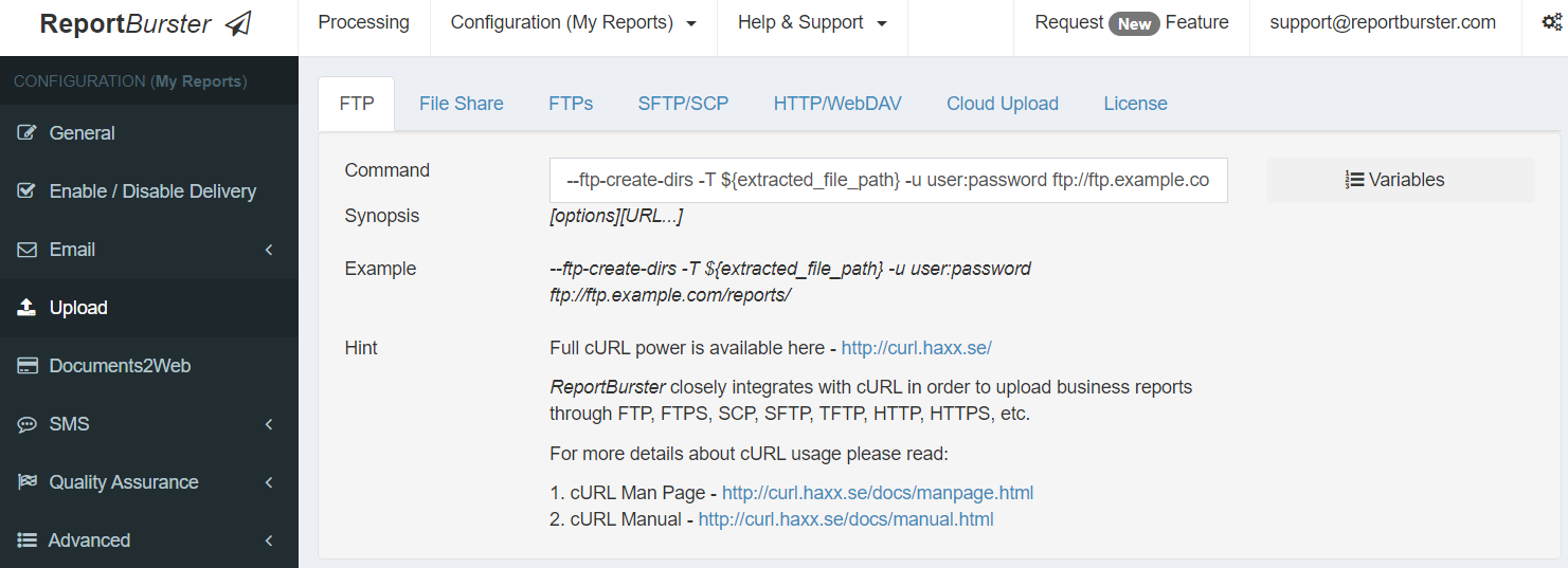 ReportBurster Uploading Reports FTP Example Configuration