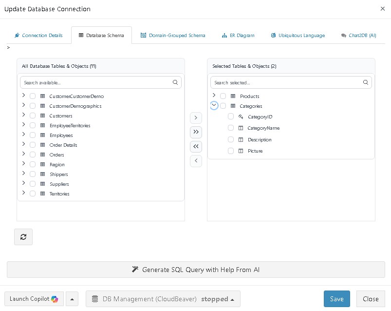 Database schema selection screen in ReportBurster