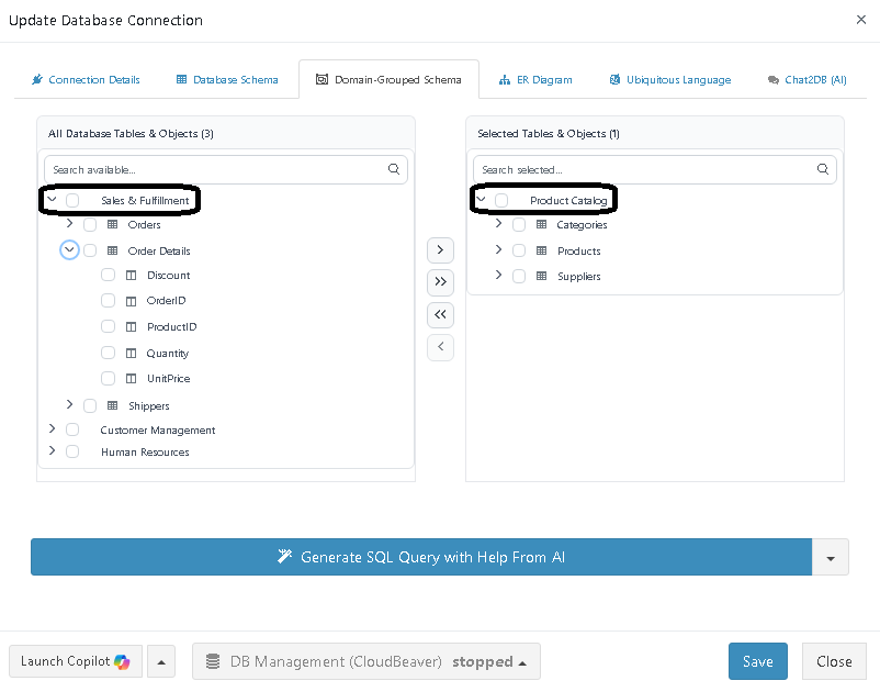 AI-powered domain grouping screen in ReportBurster