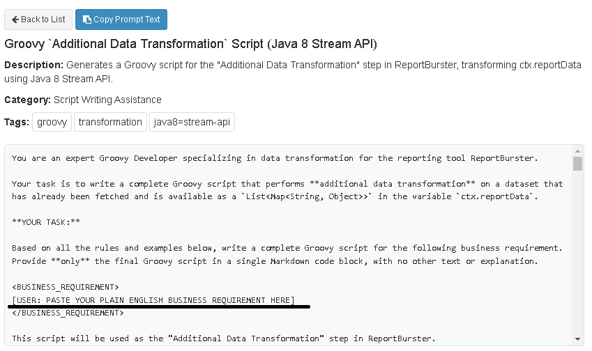 ReportBurster Additional Data Transformation Script AI Prompt