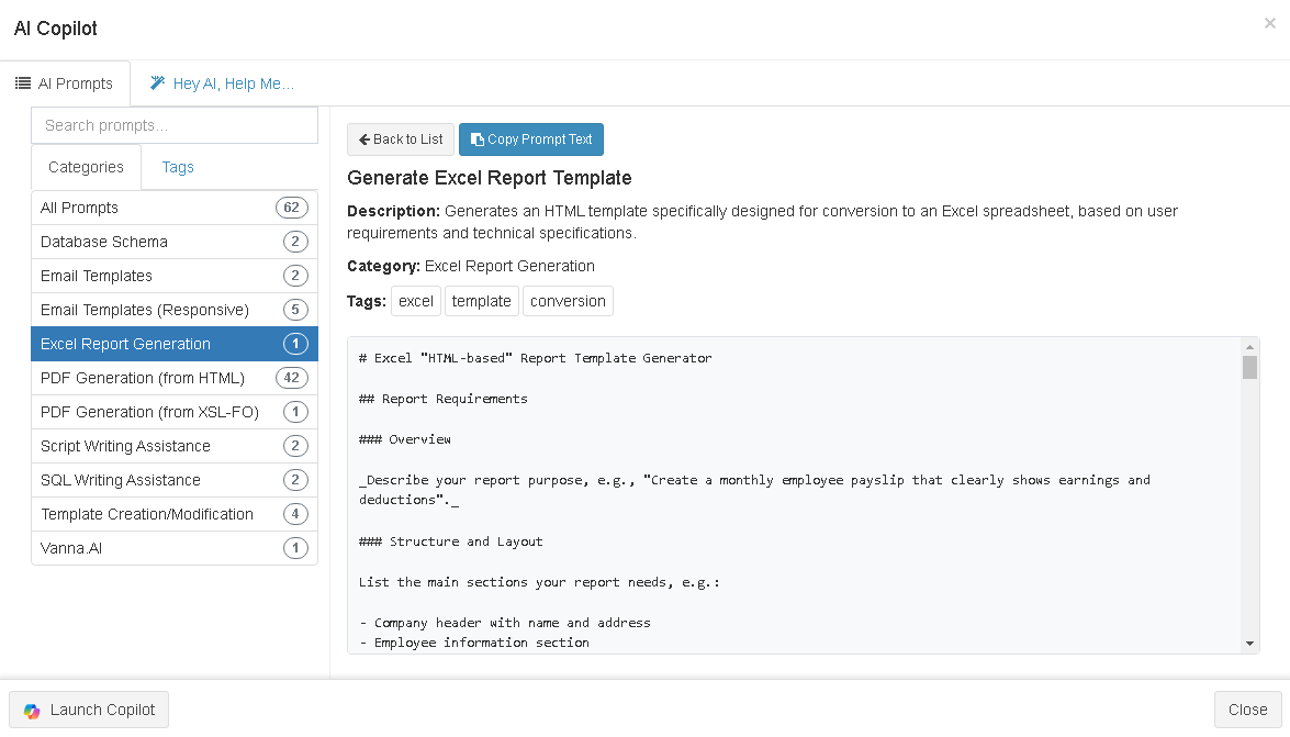ReportBurster HTML2Excel Output Template AI Prompt