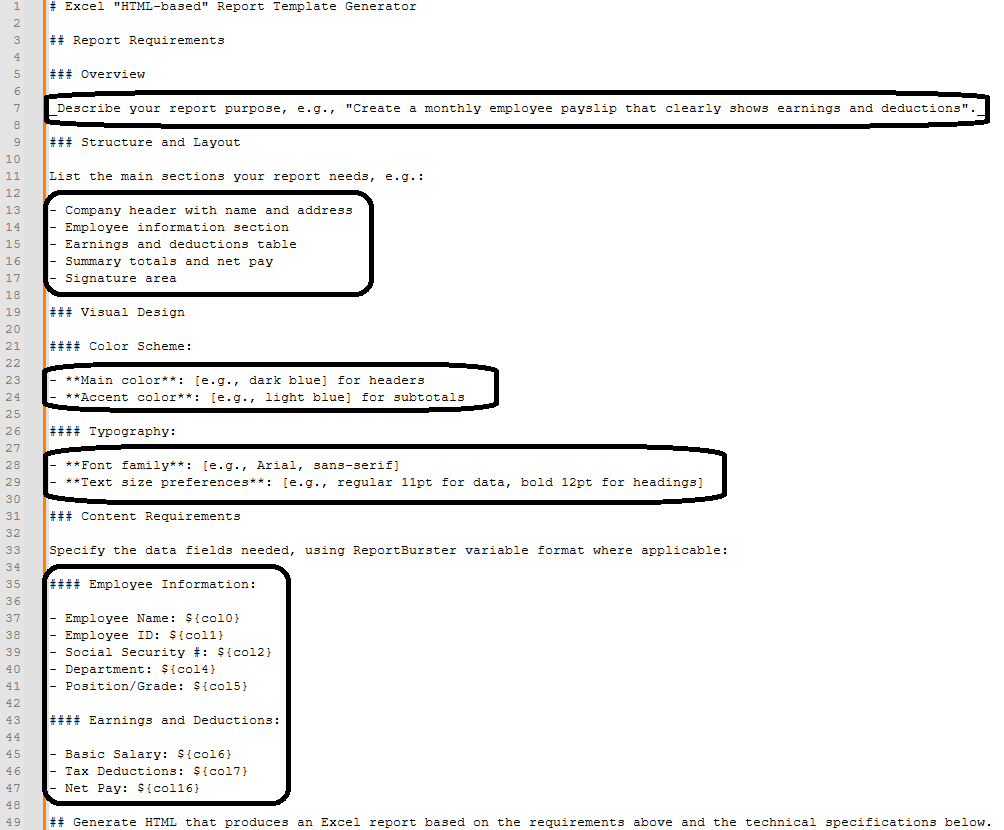 ReportBurster HTML2Excel Output Template AI Prompt Customization