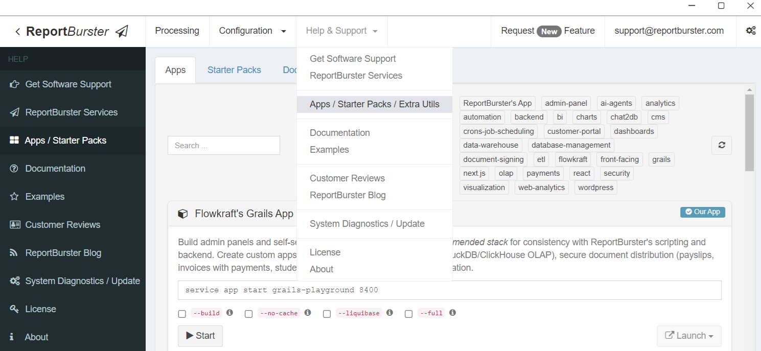 ReportBurster UI — Apps / Starter Packs via Help & Support menu