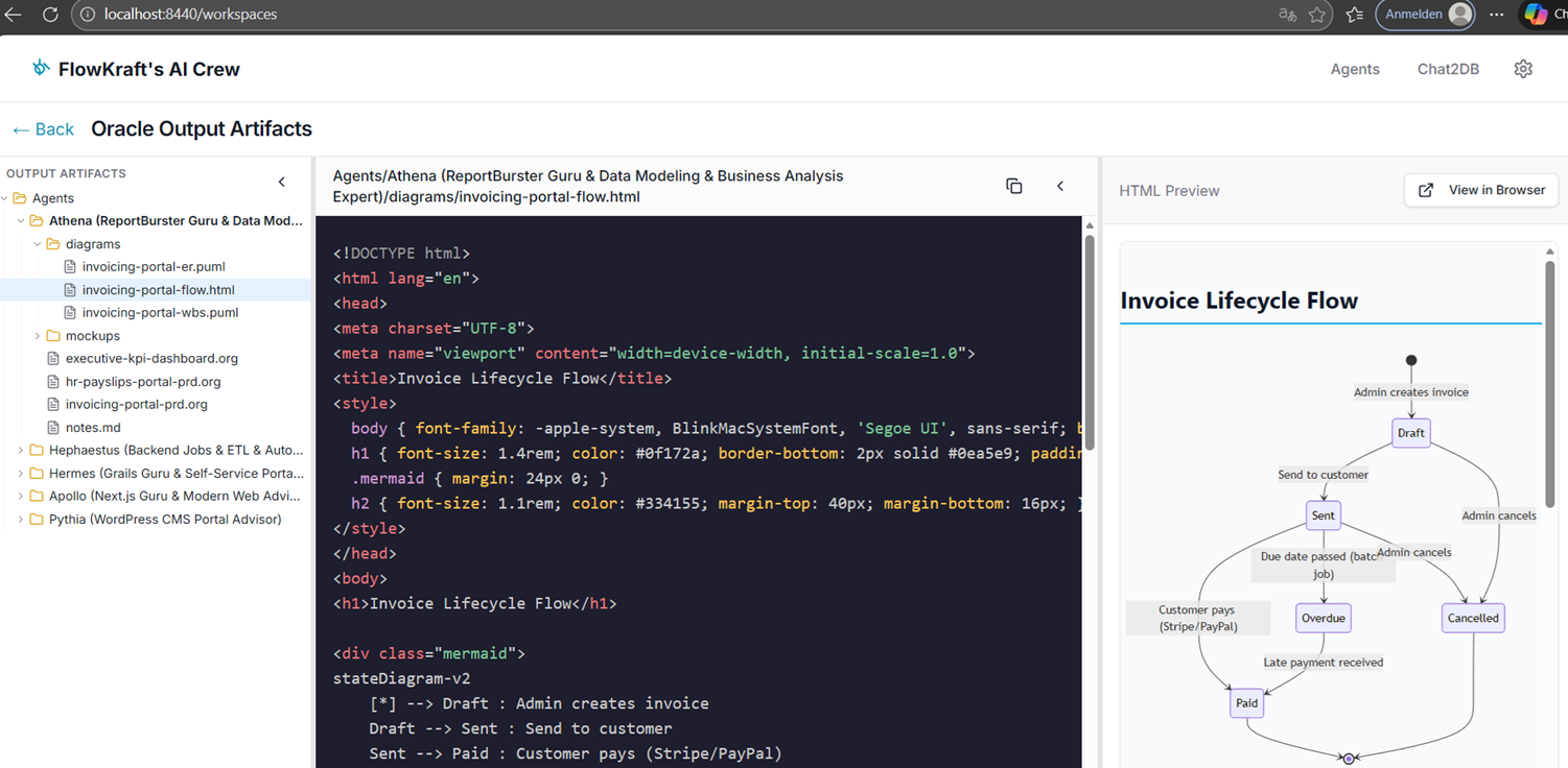 VS Code Web — Athena's workspace showing output artifacts including an Invoice Lifecycle Flow diagram