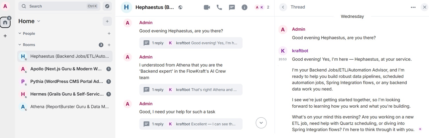 Element Web — Chat rooms with AI Crew members (Athena, Hephaestus, Hermes, Pythia, Apollo)