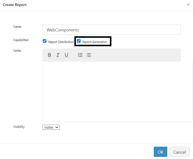 Create Report dialog with Report Generation capability selected