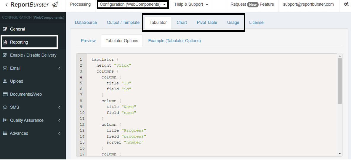 Web component configuration screen showing Tabulator DSL editor with DataSource, Chart, Pivot Table, and Usage tabs