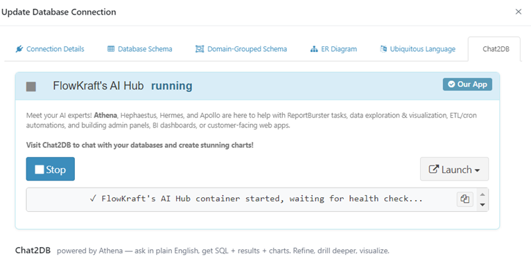 Start Chat2DB — FlowKraft AI Hub running with Chat2DB tab