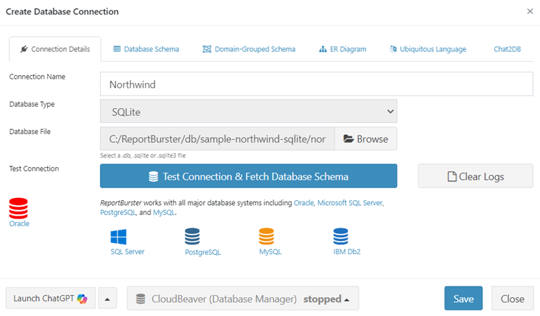 Create Database Connection — SQLite Northwind sample database