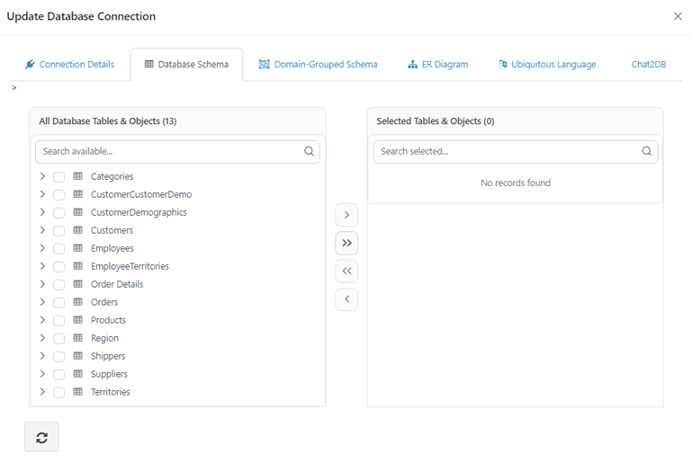 Database Schema — 13 Northwind tables available for Chat2DB