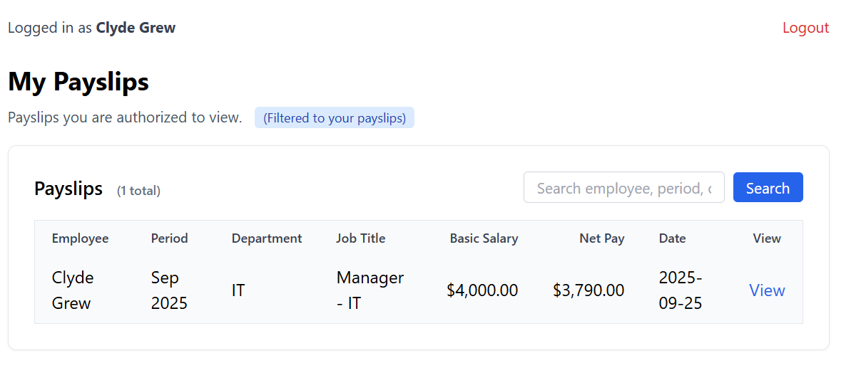 My Documents page for payslips