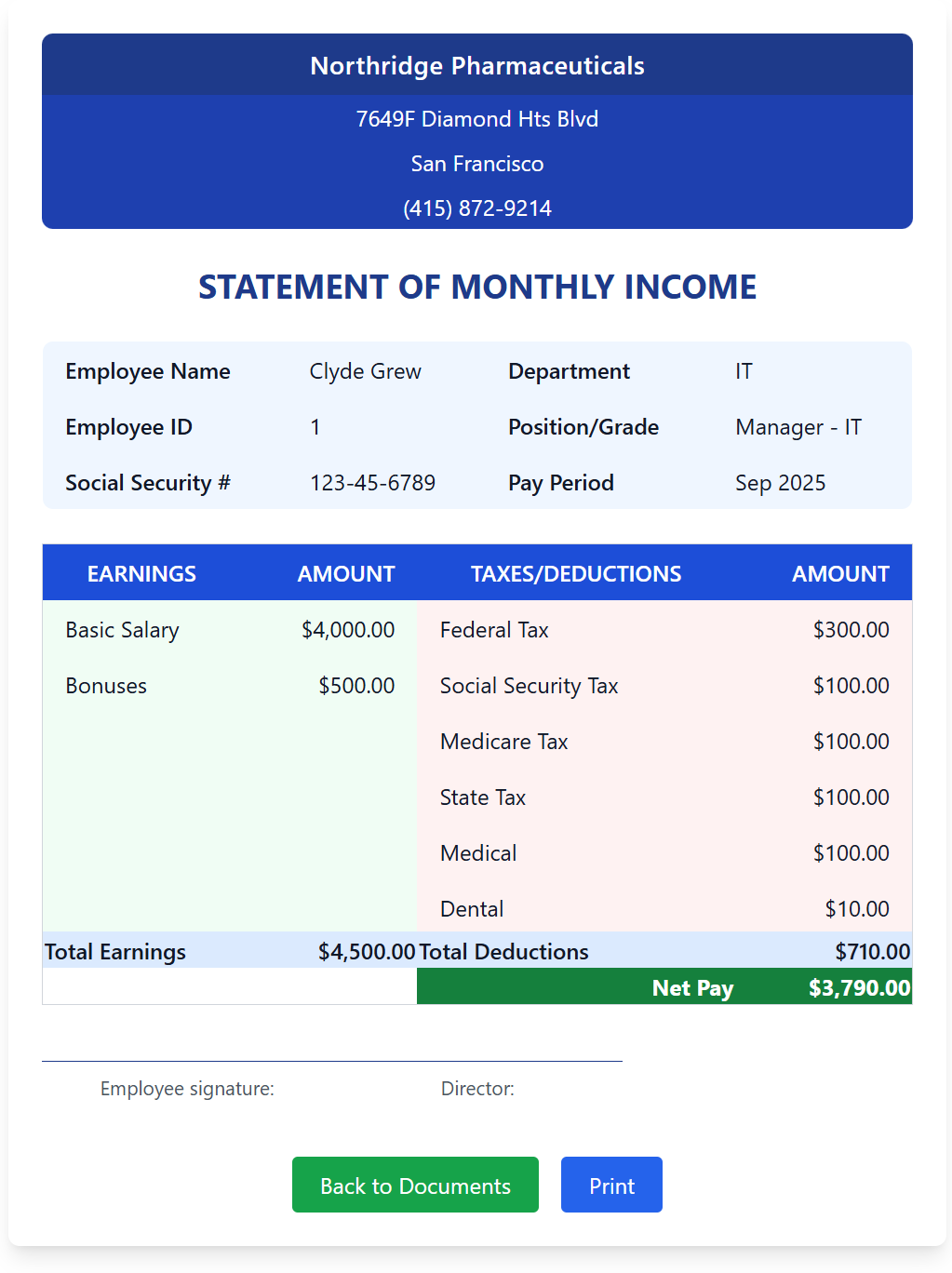 Single payslip view