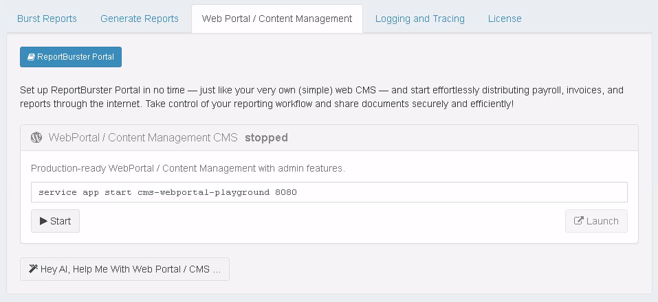 ReportBurster Portal tab with Start/Stop/Launch UI