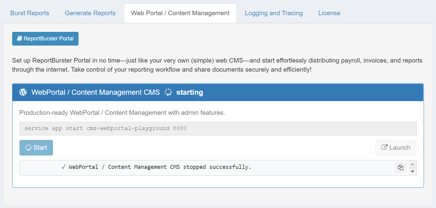 ReportBurster Portal starting in apps manager
