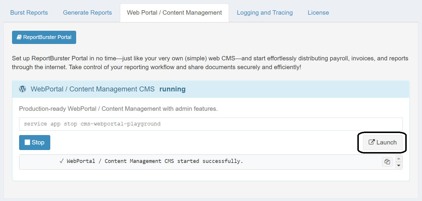 Launch button for portal app