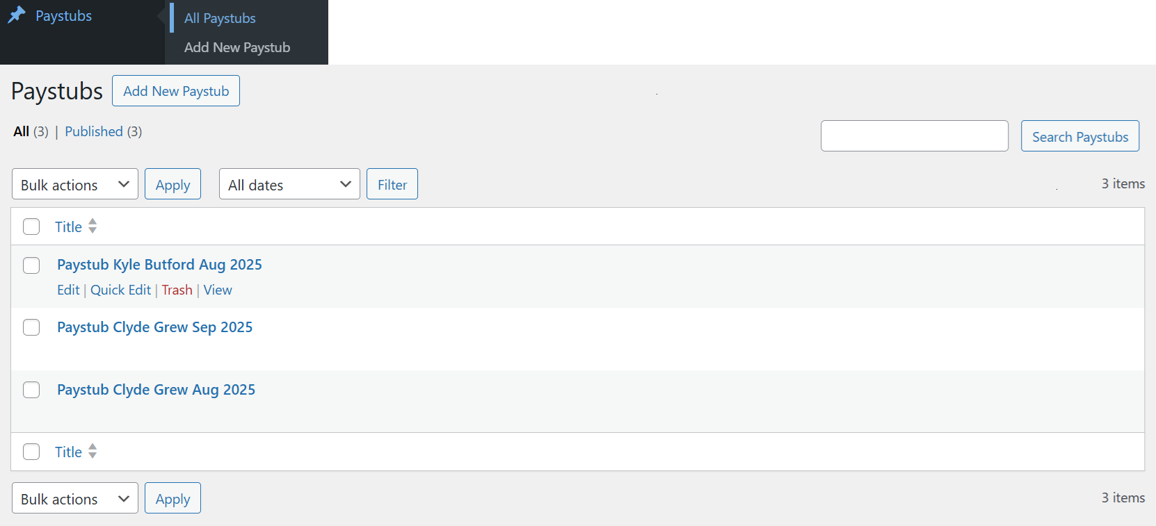 ReportBurster Portal paystubs admin screen