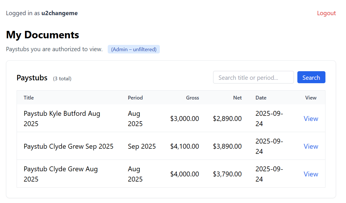 My Documents page with paystub list