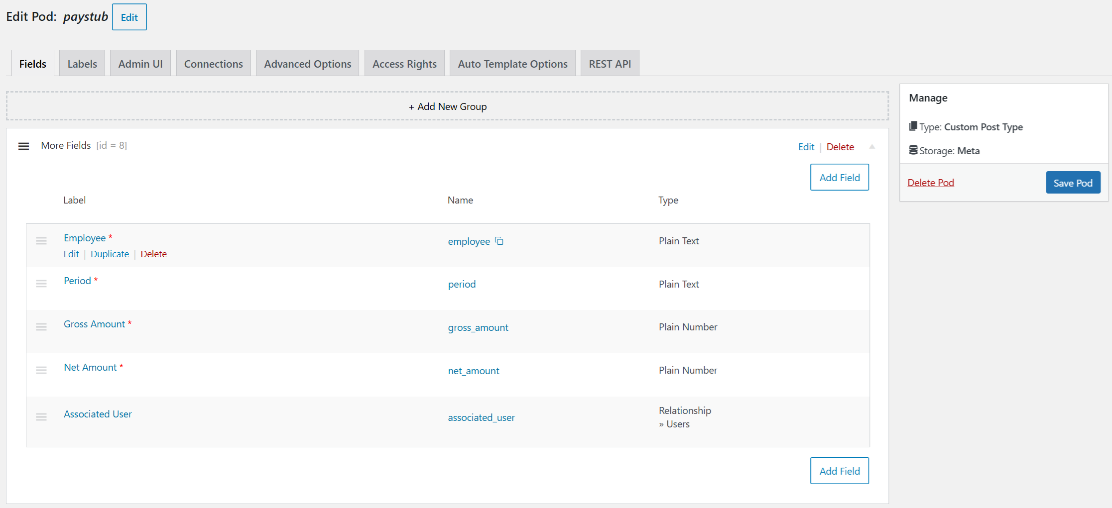 Portal admin UI showing content type fields