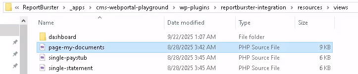 Portal user account page template in file explorer