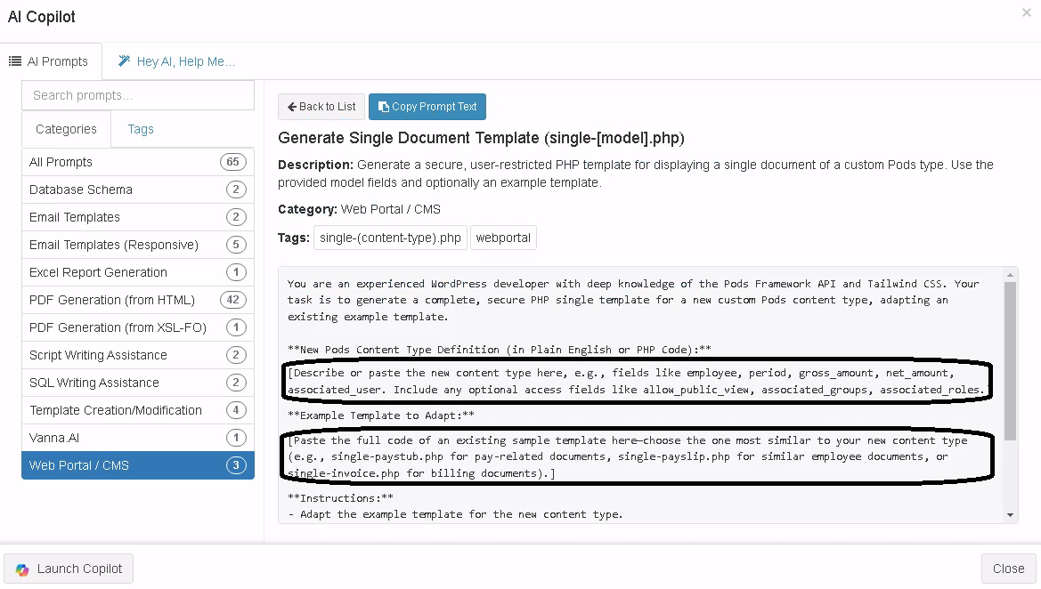 ReportBurster Portal AI Prompt to generate the single template for custom type