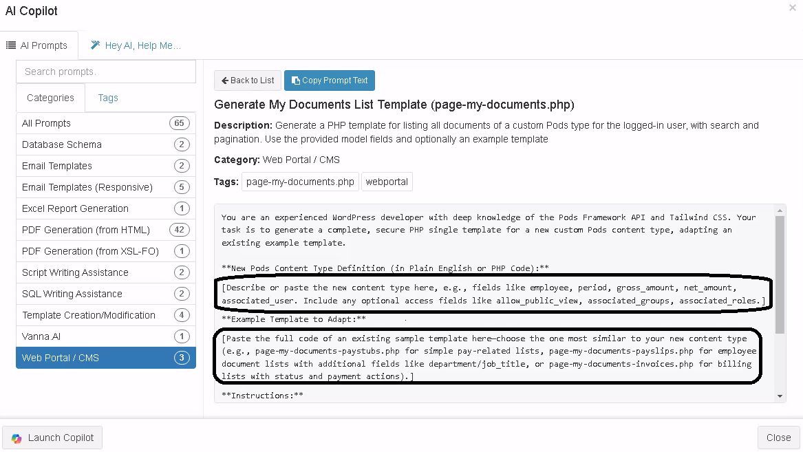 ReportBurster Portal AI Prompt to generate the list template for custom type