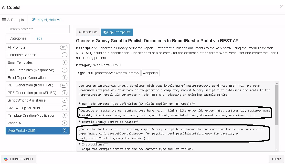 ReportBurster Portal AI Prompt to generate the script to publish documents on the portal